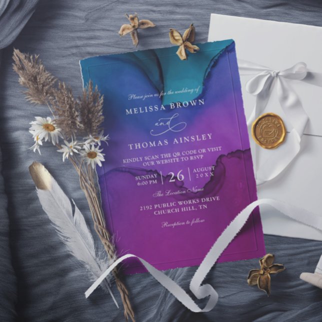Invitation Mariage élégant moderne à code QR encre de luxe fl (Créateur téléchargé)