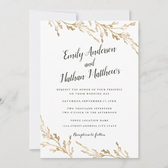 Invitation Mariage élégant moderne à feuilles d'or (Devant)