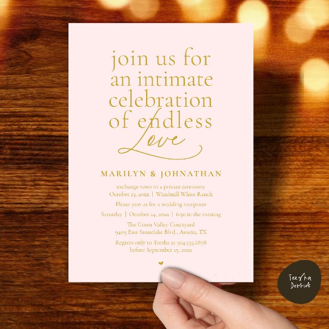 Invitation Mariage Élégant Moderne, Amour Éternel, Réception (Modern Elegant Wedding, Endless Love, Reception Dinner Invitation Card in Yellow Gold Blush)