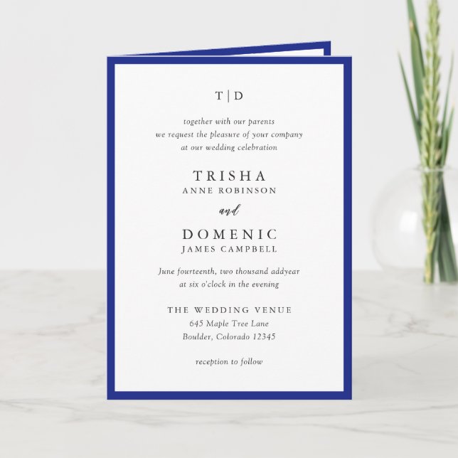 Invitation Mariage élégant moderne avec monogramme bleu royal (Devant)
