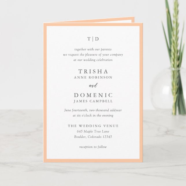 Invitation Mariage élégant moderne avec monogramme pêche (Devant)