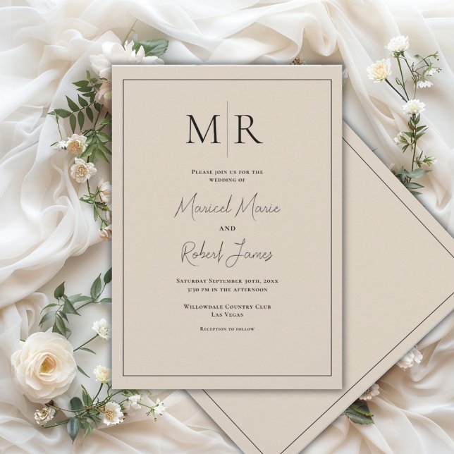 Invitation Mariage élégant moderne beige avec monogramme (Créateur téléchargé)
