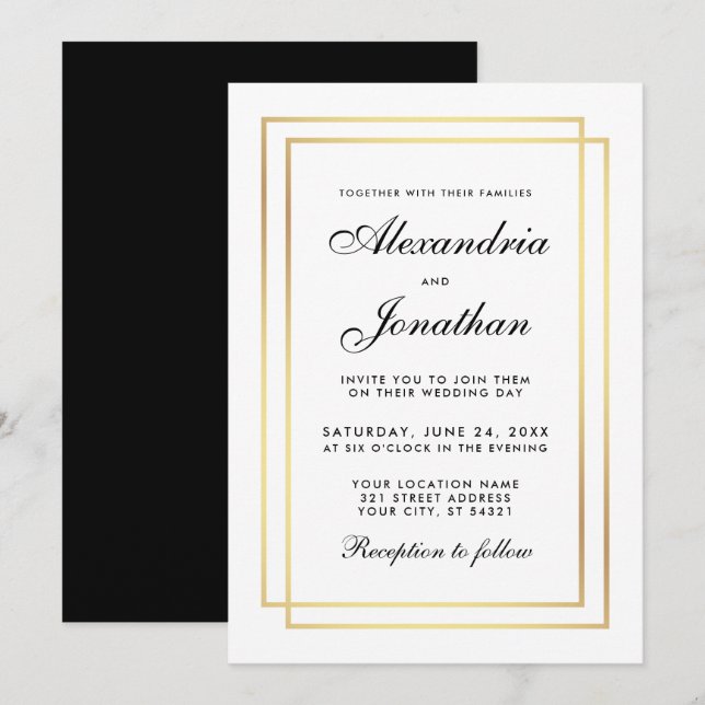 Invitation Mariage élégant moderne Black White Gold Invitatio (Devant / Derrière)