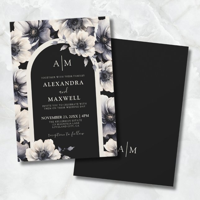 Invitation Mariage Élégant Moderne Blanc Fleurs Noires (Elegant Modern White Black Floral Wedding Invitation)