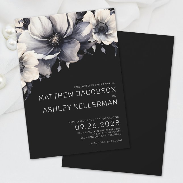 Invitation Mariage Élégant Moderne Blanc Fleurs Noires (Simple Modern Boho Floral Black White Wedding Invitation)