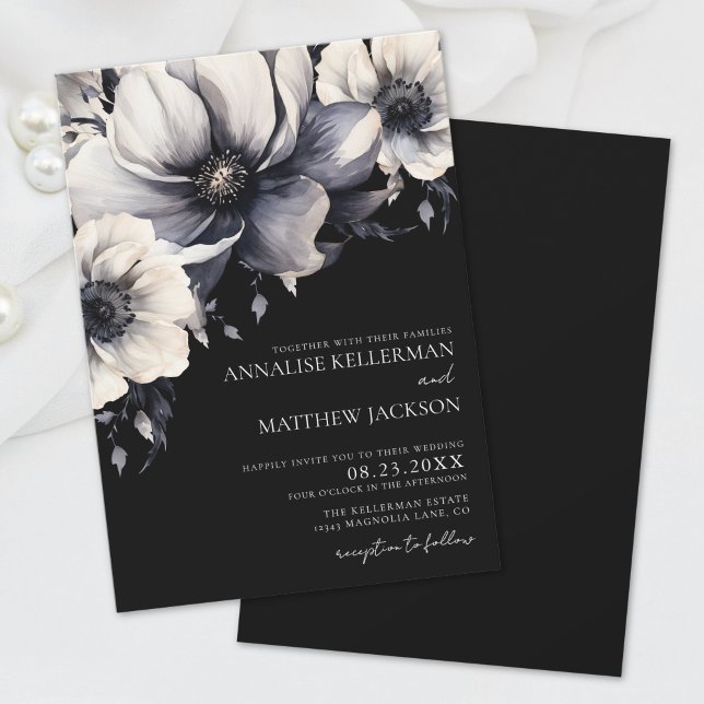 Invitation Mariage Élégant Moderne Blanc Fleurs Noires (Elegant Modern White Black Floral Wedding Invitation)