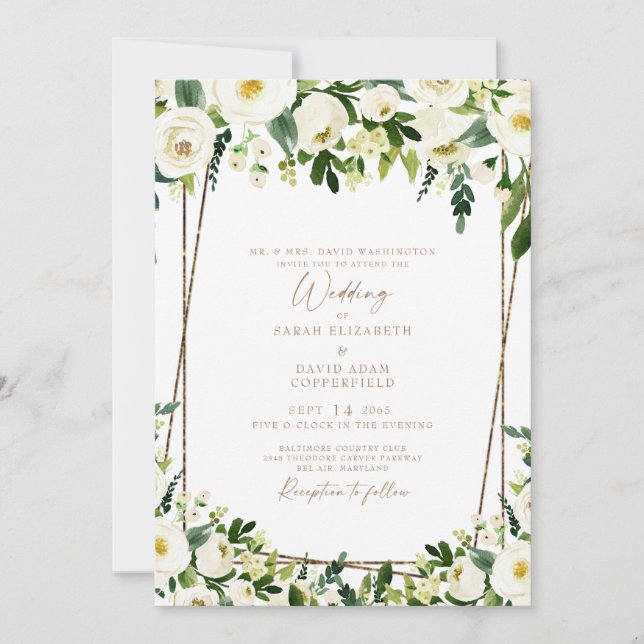 Invitation Mariage élégant moderne blanc floral et or (Devant)