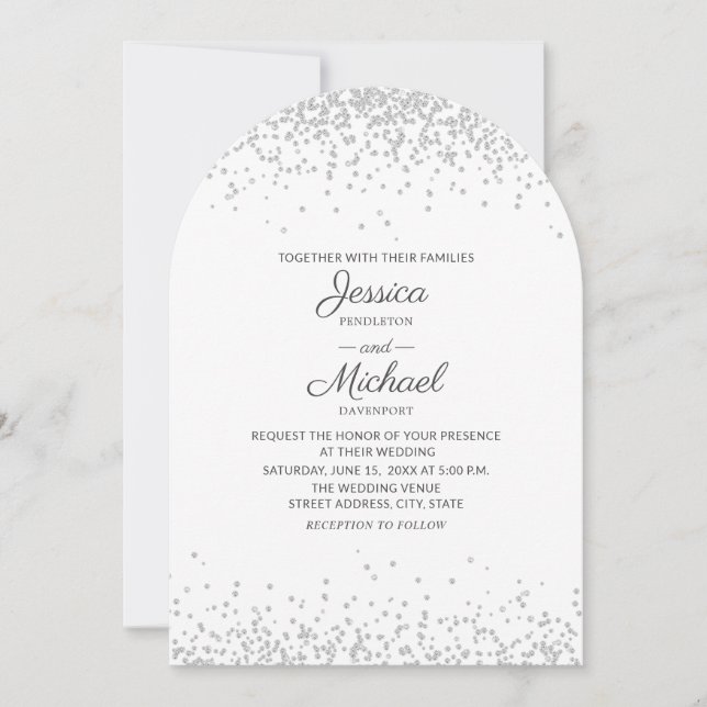 Invitation Mariage Élégant Moderne Blanc Paillettes Argentées (Devant)