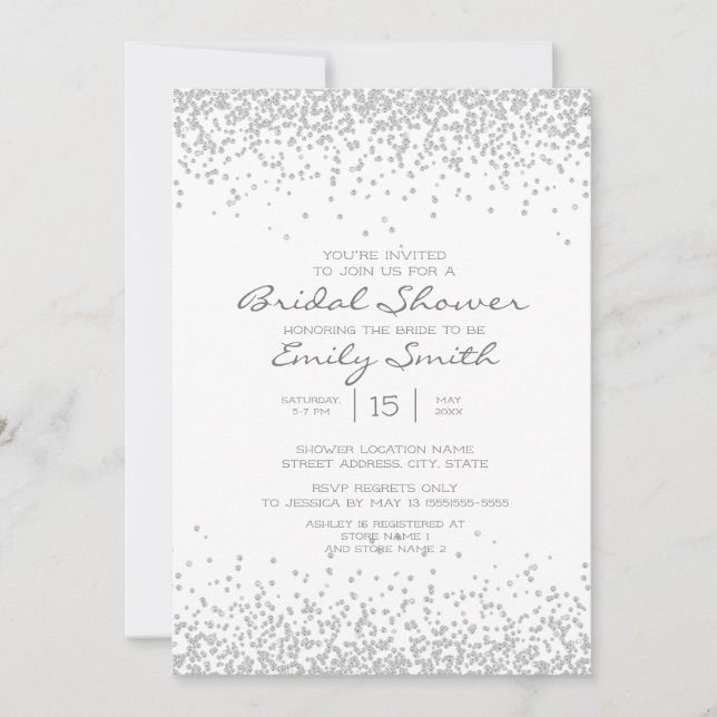 Invitation Mariage Élégant Moderne Blanc Paillettes Argentées (Devant)