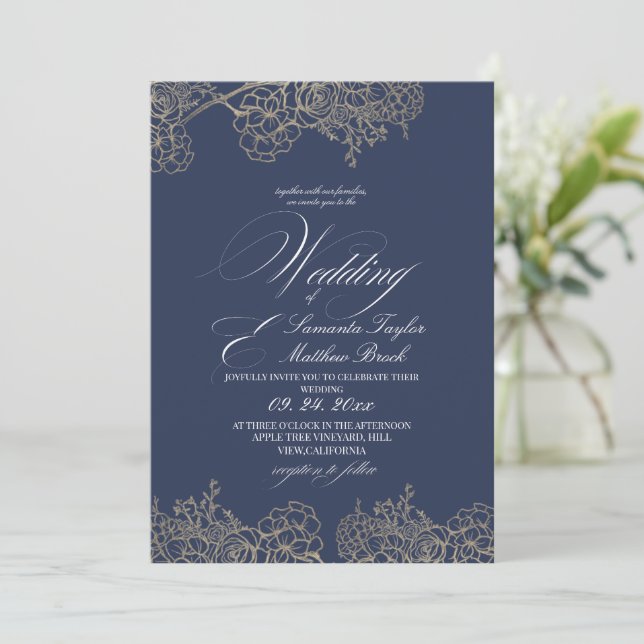 Invitation Mariage élégant moderne bleu marine  (Debout devant)