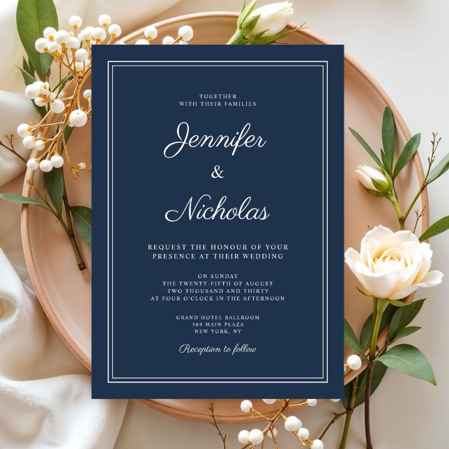 Invitation Mariage élégant moderne bleu marine écriture (Elegant Modern Navy Blue Script Wedding Invitation)