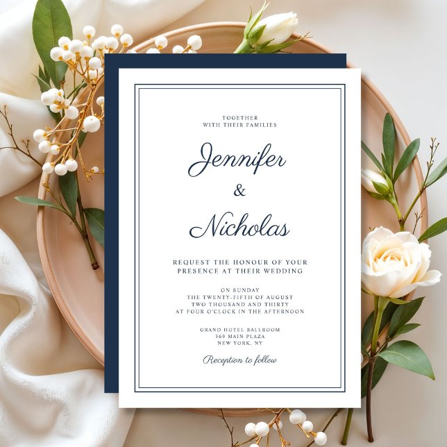Invitation Mariage élégant moderne bleu marine script (Elegant Modern Navy Blue Script Wedding Invitation)