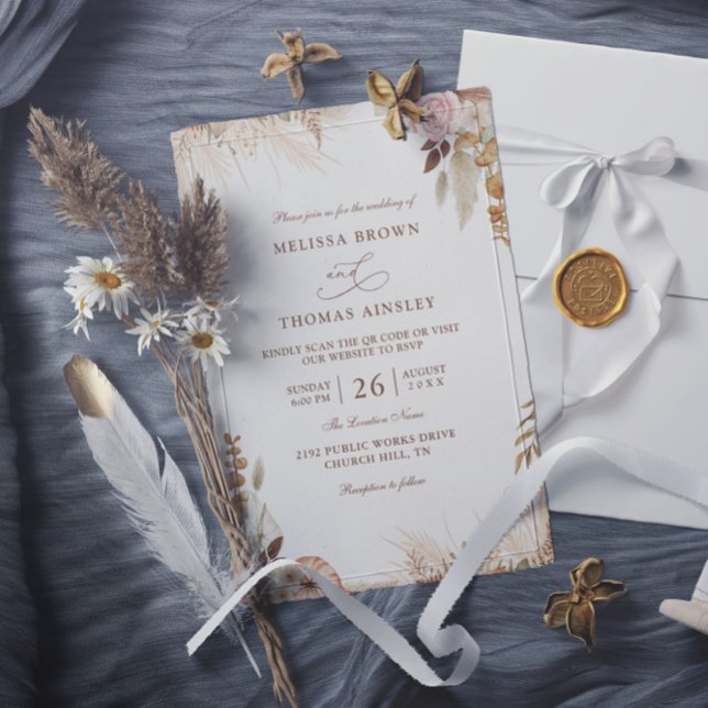 Invitation Mariage Élégant Moderne Bohème Floral Code QR Budg (Créateur téléchargé)