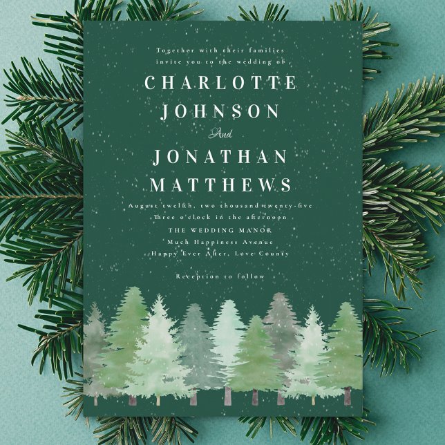 Invitation Mariage Élégant Moderne Bois de Winter Vert (Modern Winter woodland green wedding invitation Minimalist watercolor fir tree pine forest snow )