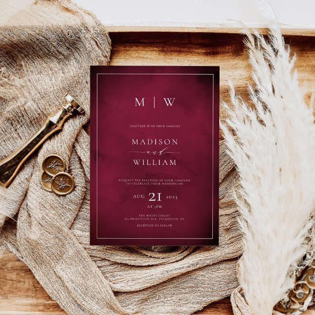 Invitation Mariage élégant moderne Bourgogne Monogramme (Créateur téléchargé)