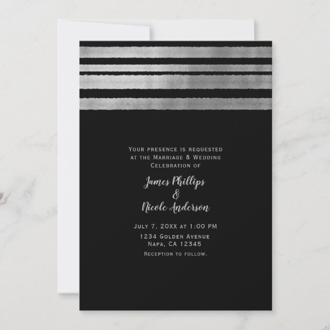 Invitation Mariage Élégant Moderne Chic Argent et Noir (Devant)