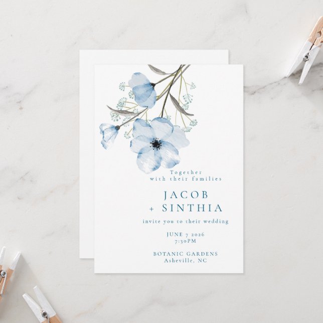 Invitation Mariage Élégant Moderne Chic Bleu Poussiéreux (Devant/Arrière en situation)