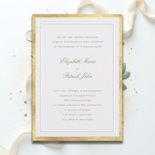 Invitation Mariage Élégant Moderne Classique Perle Dorée (formal traditional wedding invitation modern classic double frame gold pearl white ballroom tux)