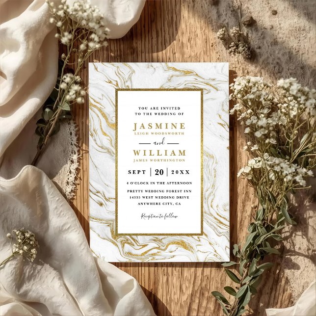 Invitation Mariage élégant moderne code QR doré marbre (Créateur téléchargé)