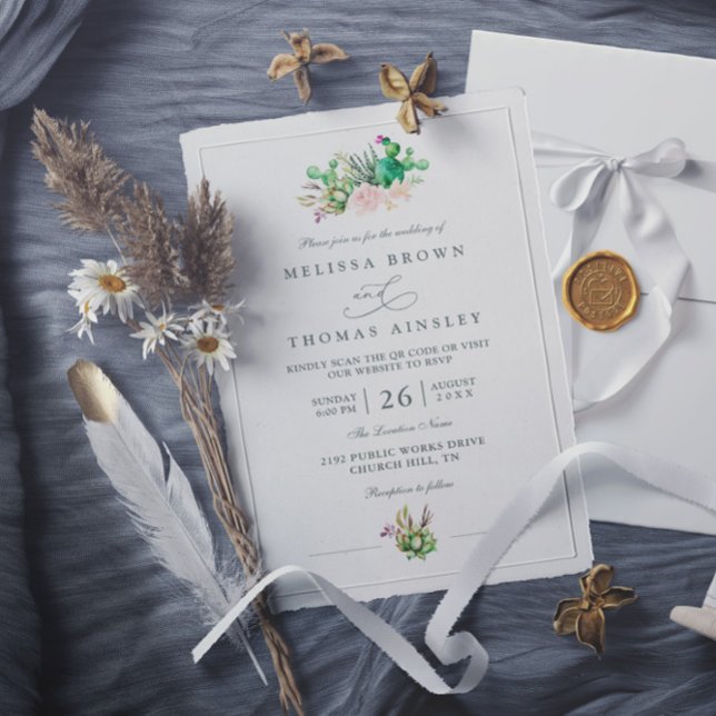 Invitation Mariage Élégant Moderne Code QR Rose Cactus Rustiq (Créateur téléchargé)