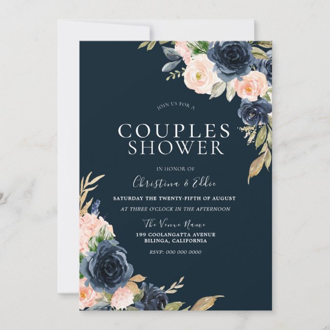 Invitation Mariage élégant moderne couple rose & marine (Devant)