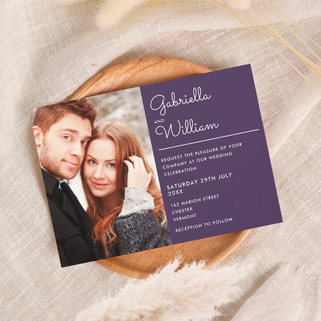 Invitation Mariage élégant moderne écriture photo violet (Créateur téléchargé)