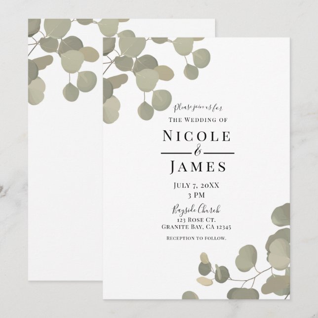 Invitation Mariage Élégant Moderne Eucalyptus Végétal Rustiqu (Devant / Derrière)