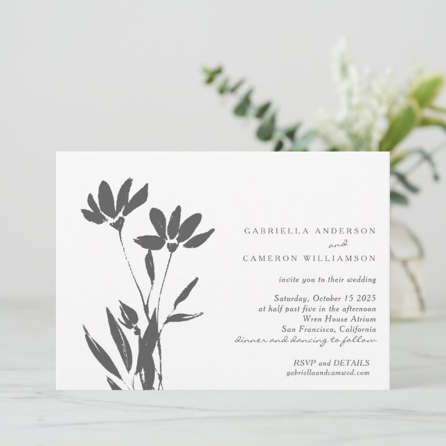 Invitation Mariage Élégant Moderne Floral Noir Blanc (Debout devant)