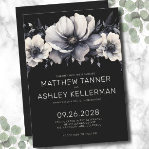Invitation Mariage Élégant Moderne Floral Noir et Blanc