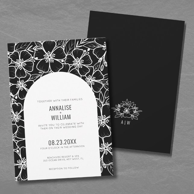 Invitation Mariage Élégant Moderne Floral Noir et Blanc (Elegant Modern Black White Floral Wedding Invitation)