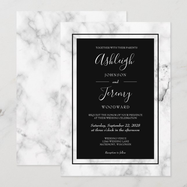 Invitation Mariage élégant moderne marbre noir et blanc (Devant / Derrière)