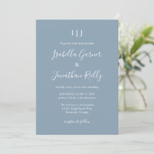 Invitation Mariage Élégant Moderne Monogramme Bleu Poussiéreu