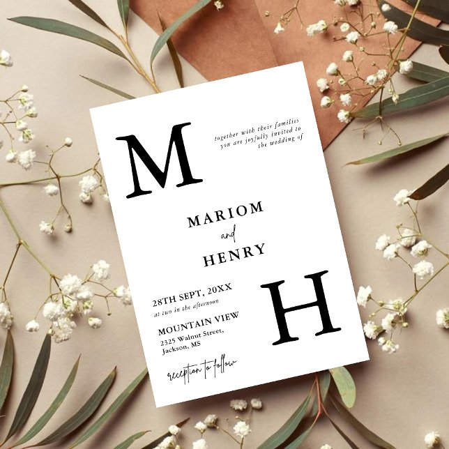 Invitation Mariage Élégant Moderne Monogramme Initial Noir Bl (Chic black and white monogram invitation adds a personal touch of elegance to your wedding)