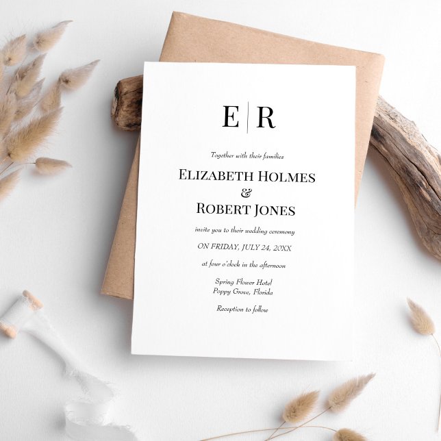 Invitation Mariage Élégant Moderne Monogramme Noir et Blanc  (Modern Elegant Black and White Monogram Wedding Invitation surrounded with neutral boho decor.)