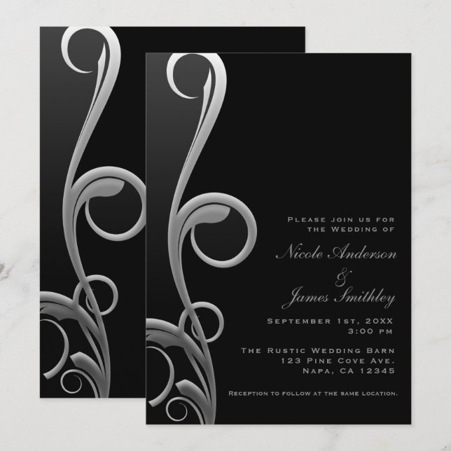 Invitation Mariage Élégant Moderne Noir et Argenté avec Tourb (Devant / Derrière)