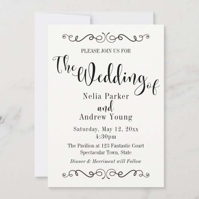 Invitation Mariage Élégant Moderne Orné Texte Noir (Devant)