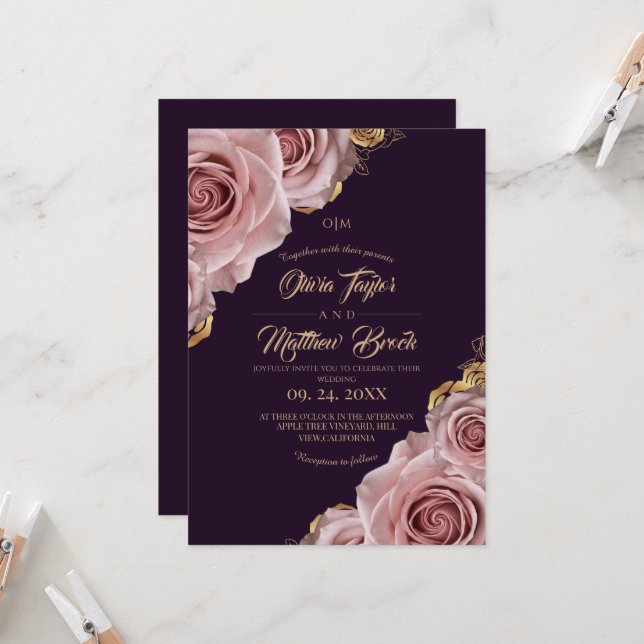 Invitation Mariage Élégant Moderne Rose Fuchsia Violet (Devant/Arrière en situation)