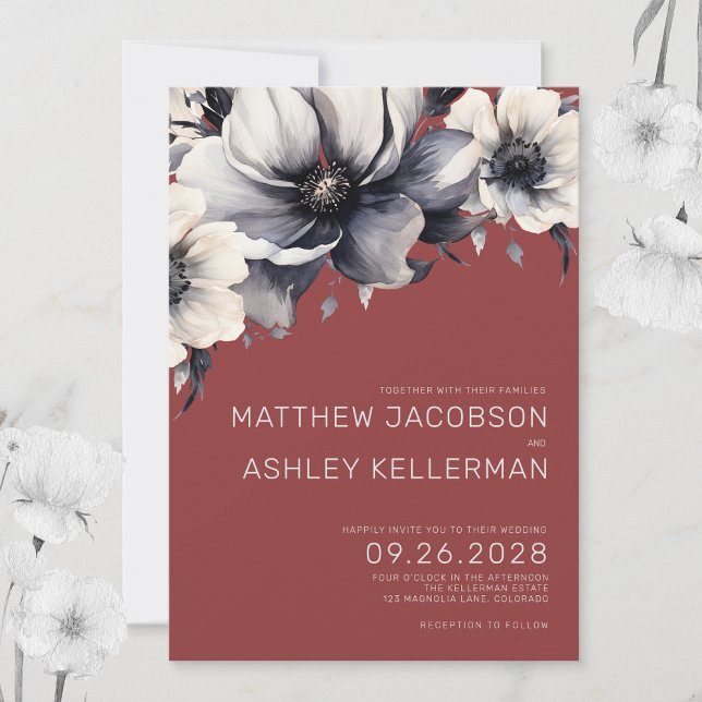 Invitation Mariage Élégant Moderne Rustique aux Fleurs Rouges (Elegant Modern Fall Red White Floral Wedding Invitation)