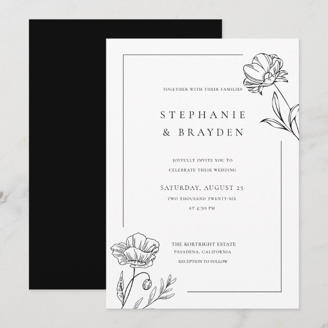Invitation Mariage Élégant Moderne Simple Fleurs Noir Blanc (Devant / Derrière)