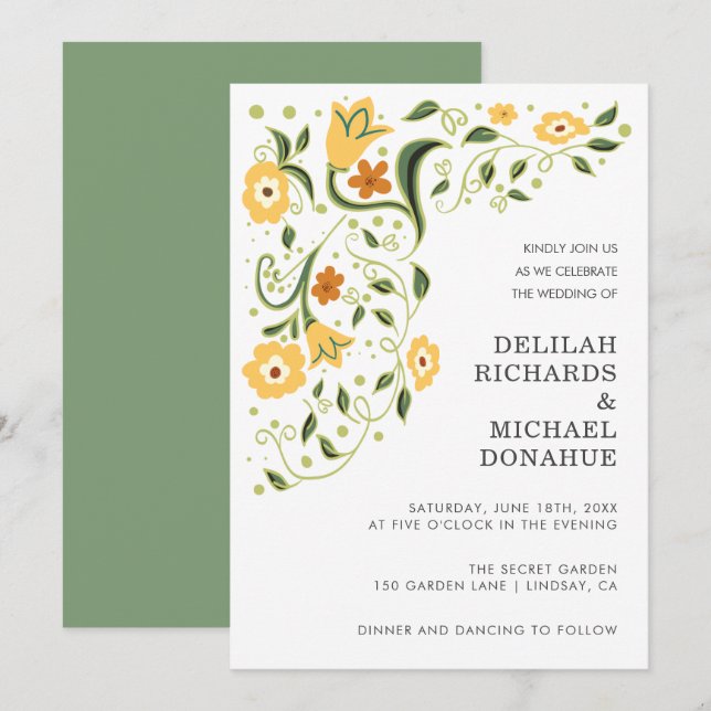 Invitation Mariage élégant moderne vert jaune floral (Devant / Derrière)