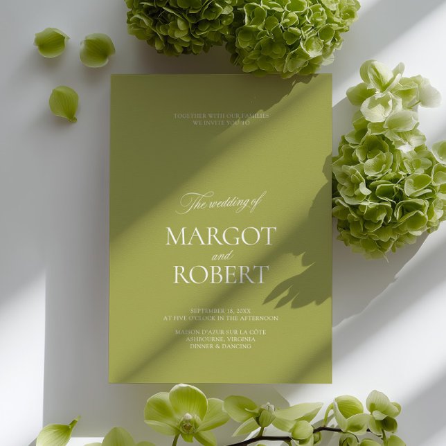 Invitation Mariage Élégant Moderne Vert Olive et Blanc (Elegant Modern Olive Green & White Wedding Invitation)