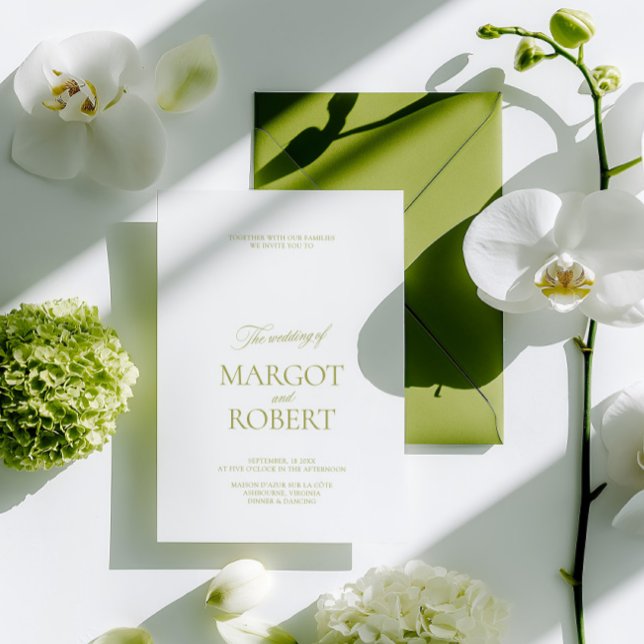 Invitation Mariage Élégant Moderne Vert Olive et Blanc (Elegant Modern Olive Green & White Wedding Invitation)