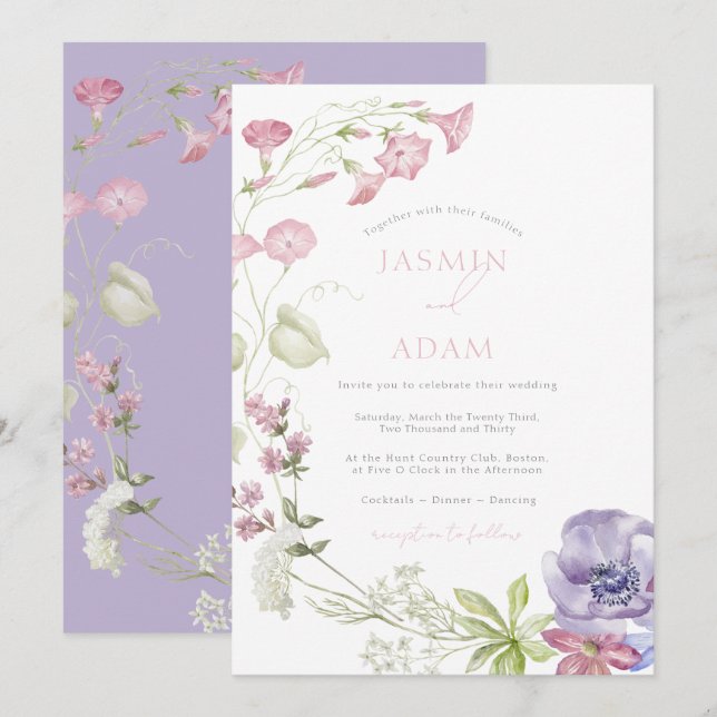 Invitation Mariage Élégant Monogramme aux Fleurs Sauvages (Devant / Derrière)