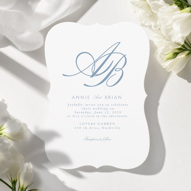 Invitation Mariage Élégant Monogramme Blanc Bleu (Elegant Monogram Blue White Wedding Invitation)