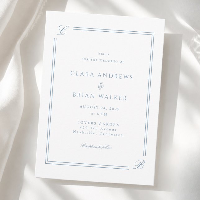 Invitation Mariage Élégant Monogramme Blanc Bordure Bleue (Elegant Monogram White Blue Border Wedding Invitation)
