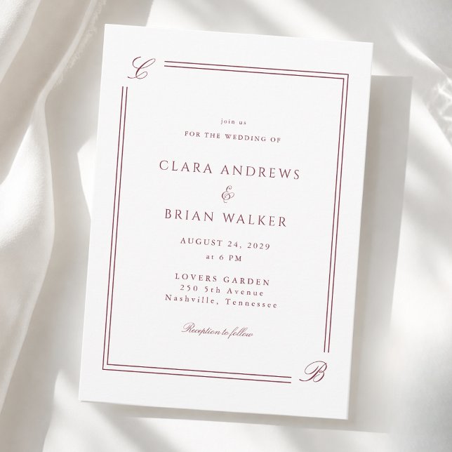 Invitation Mariage Élégant Monogramme Blanc Bordure Bourgogne (Elegant Monogram White Burgundy Border Wedding Invitation)