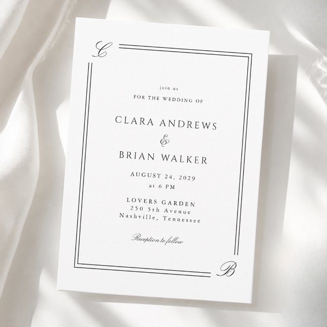Invitation Mariage Élégant Monogramme Blanc Bordure Noire (Elegant Monogram White Black Border Wedding Invitation)