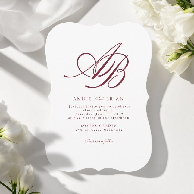 Invitation Mariage Élégant Monogramme Blanc Bourgogne (Elegant Monogram White Burgundy Wedding Invitation)