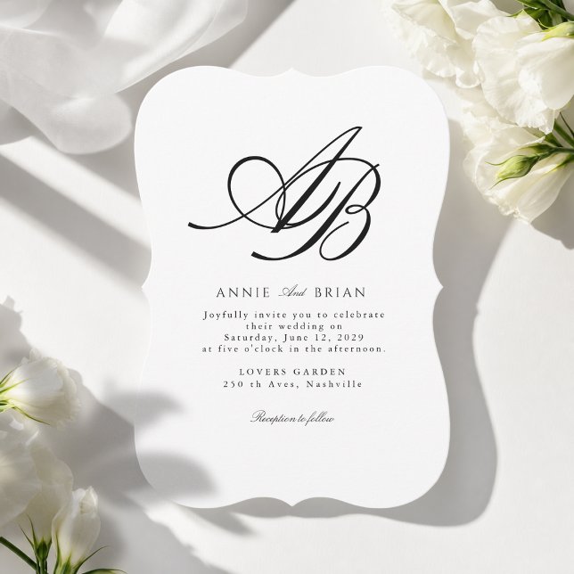Invitation Mariage Élégant Monogramme Blanc Noir (Elegant Monogram White Black Wedding Invitation)