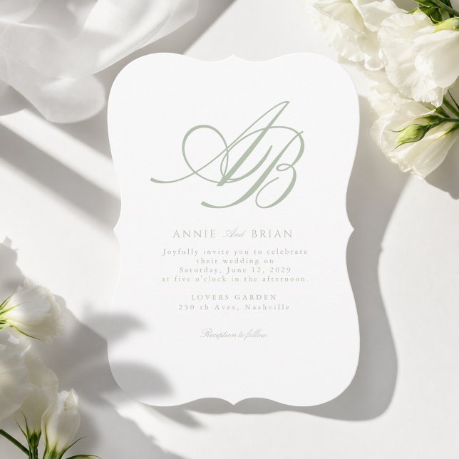 Invitation Mariage élégant Monogramme Blanc Vert (Elegant Monogram White  Sage Green Wedding Invitation)